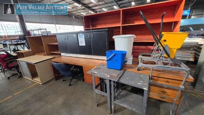 LOT ASSORTED WOODEN DESKS, CABINETS, CHAIRS, ETC.