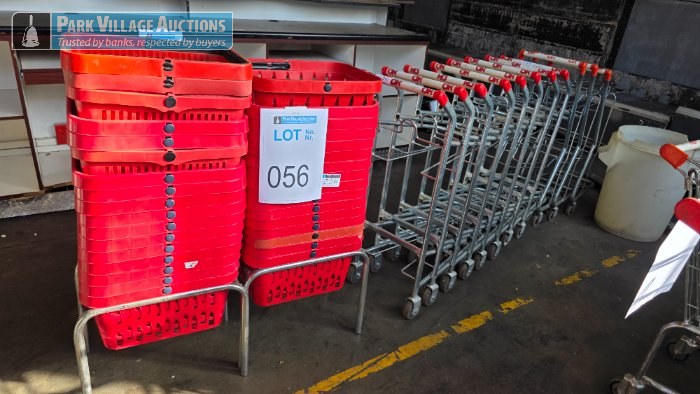 30 X RED PLASTIC SHOPPER BASKETS AND 11 X STEEL DOUBLE BASKET SHOPPER TROLLEYS - BRANDED