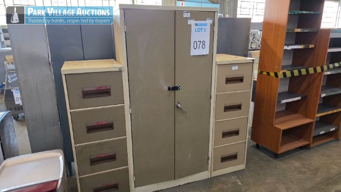 2 X STEEL 4 DRAWER FILING CABINETS AND 1 X STEEL 2 DOOR CUPBOARD
