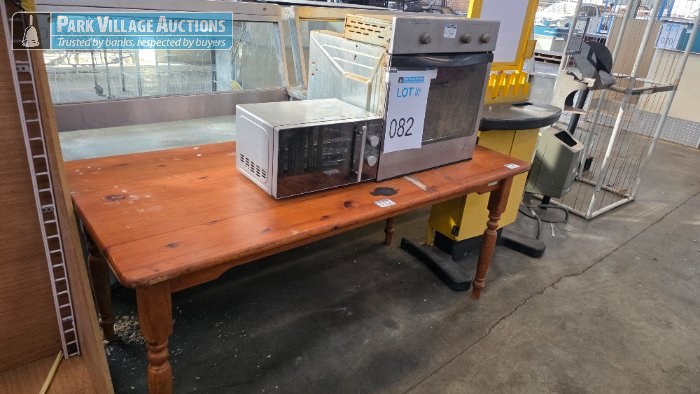 1 X OVEN, 1 X MICROWAVE, AND 1 X WOODEN TABLE