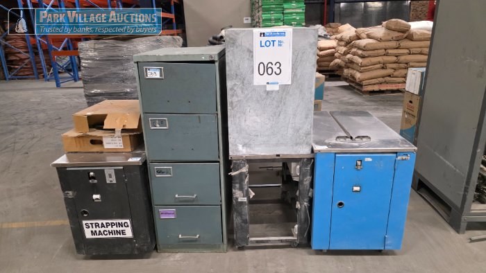 2 X STRAPPING MACHINES, 4 DRAWER FILING CABINET AND STRAPPING MATERIAL