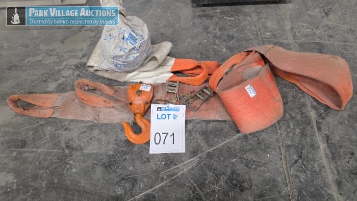 3 X ASSORTED RIGGING SLING ROPES, 5 TON BOTTOM HOOK AND RATCHETS, STEEL CHAINS IN SACKS