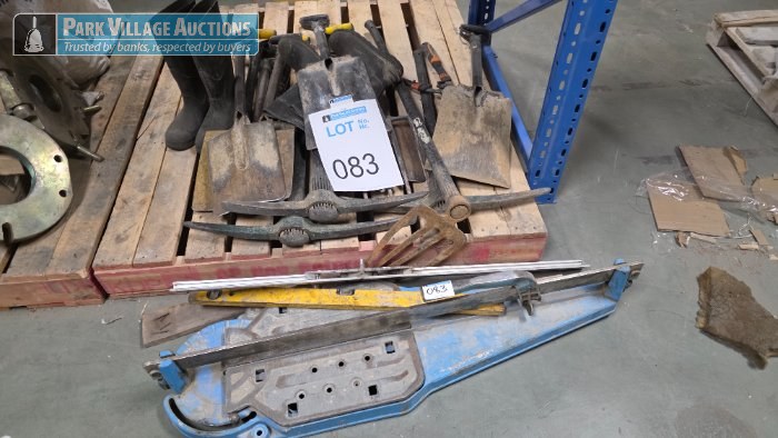 ASSORTED GARDENING TOOLS - SPADES, FORKS, TILE CUTTER, PICKS, SHOVELS, RAIN BOOTS, ETC.
