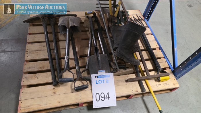 ASSORTED GARDENING TOOLS - FORKS, SPADES, PICKS, SHOVELS, RAIN BOOTS, ETC.