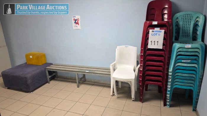 ASSORTED PLASTIC CHAIRS, STEEL BENCH AND 25 X OTTOMAN COUCH