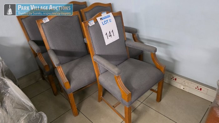 5 X GREY FABRIC WOODEN ARM CHAIRS