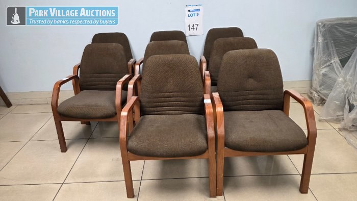 8 X BROWN FABRIC WOODEN ARM CHAIRS