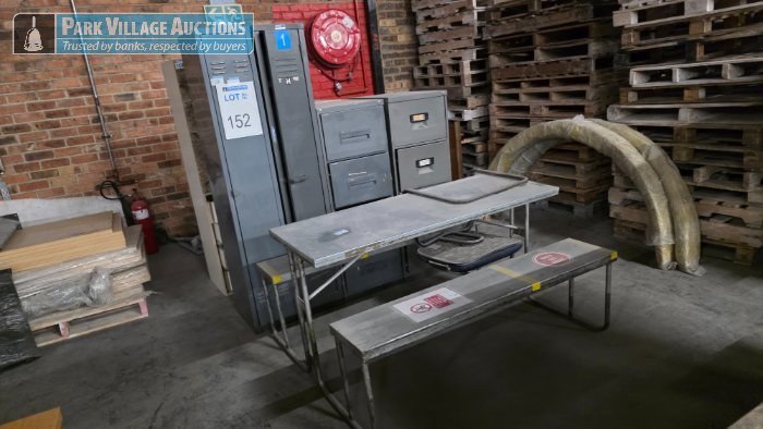 3 X 4 DRAWER STEEL FILING CABINETS, 2 X STEEL LOCKERS, STEEL BENCH TABLE COMBO AND WOODEN CABINET