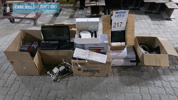 ASSORTED OFFICE EQUIPMENT - MONITORS, TABLETS, DOCUMENT BINDER, KEYBOARDS, CHARGERS, ETC.