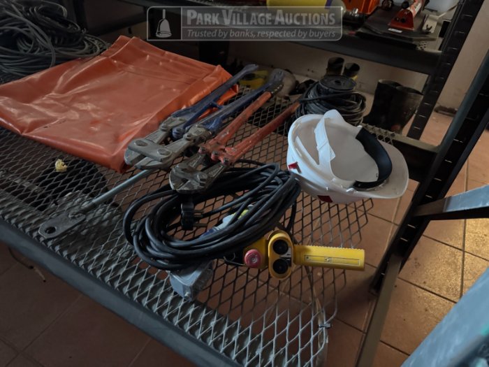 LOT FLOOD LIGHT STAND, SAWS, WRENCHES, BOLT CUTTERS, CABLES, PLUGS - EXCLUDING SHELVING