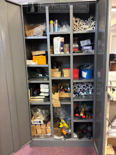 1 X 2 DOOR STEEL CUPBOARD WITH CONTENTS - ROPE, SILICONE, SILICONE NOZZLES, HAMMERS, SILICONE GUNS, RULERS, AVENGER PRO LENSES ETC.