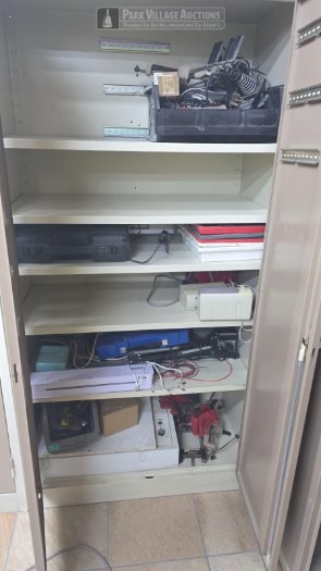 LOT ELECTRONIC SPARES AND 1 X STEEL 2 DOOR CUPBOARDS