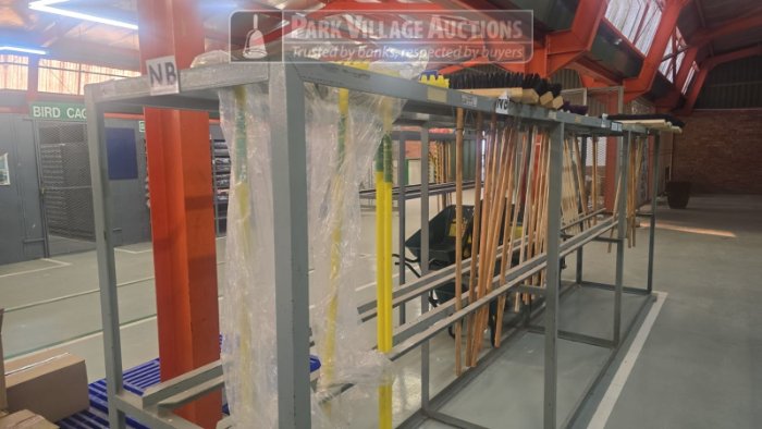 LOT ASSORTED BROOMS AND STEEL FRAME
