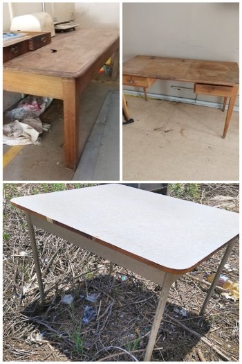 2 X WOODEN TABLE, 1 X KITCHEN STEEL TABLE